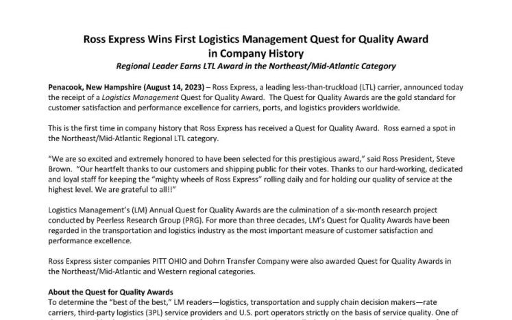 Ross Express Wins First Logistics Management Quest for Quality Award in Company History